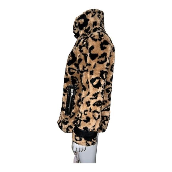 Avec Les Filles Womens Camel Black Leopard Faux Fur Coat Moto Jacket Large NWT - Picture 4 of 9